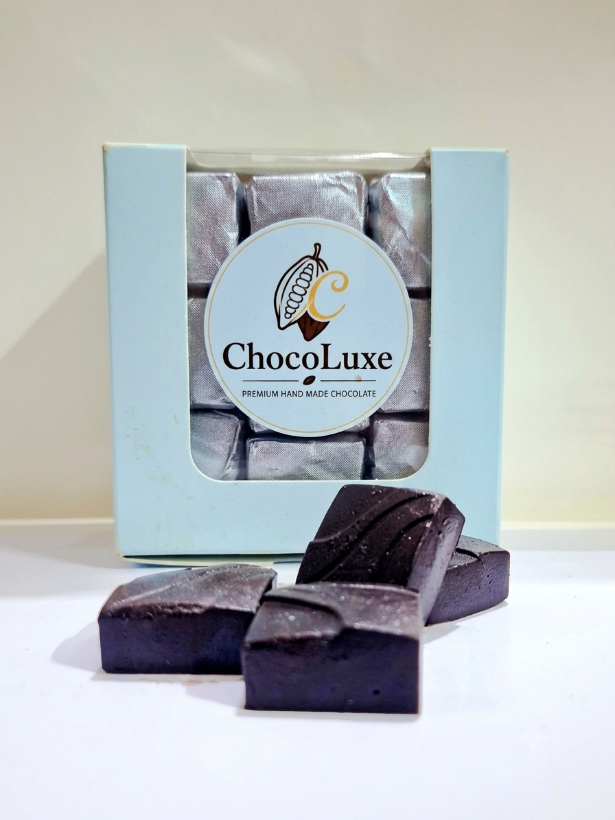ChocoLuxe dark chocolate pieces and gift box